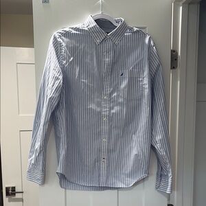 Nautica Blue and White Striped Casual Button Down Shirt
